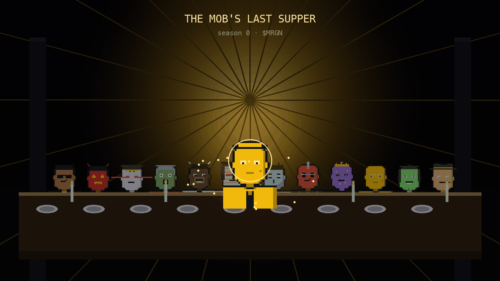 The Mob's Last Supper - 12 Mobs gathered around a gold $MRGN coin
